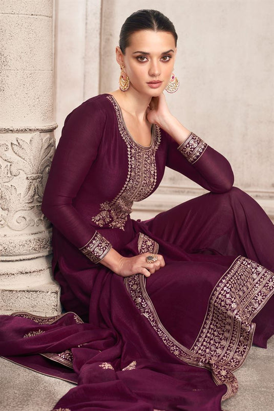 Chinon Fabric Purple Color Solid Palazzo Suit