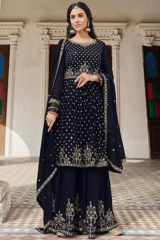 Navy Blue Color Georgette Fabric Embroidered Work Luminous Palazzo Suit