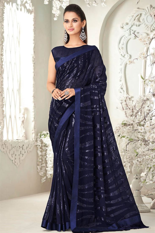 Navy Blue Color Georgette Fabric Party Style Miraculous Sequins Work Saree