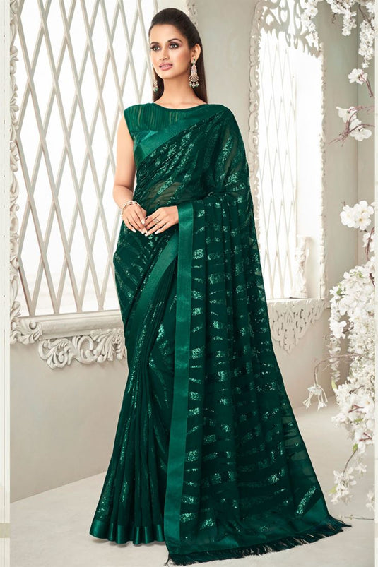 Dark Green Color Party Style Georgette Fabric Dazzling Sequins Work Saree