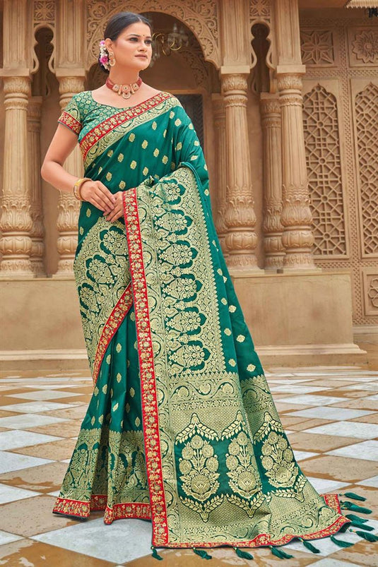 Banarasi Style silk Fabric Weaving Work Chic Saree In Teal Color