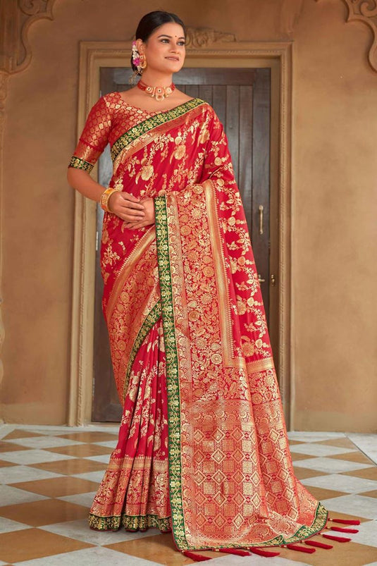 Banarasi Style silk Fabric Red Color Weaving Work Graceful Saree