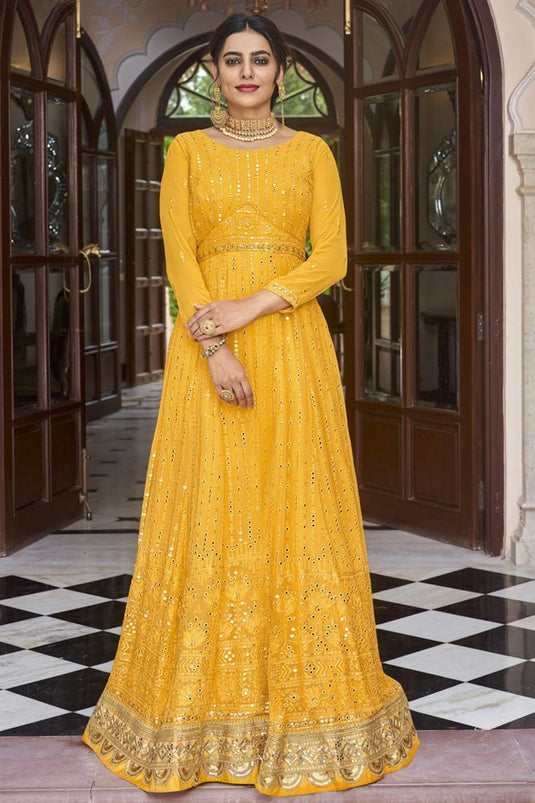 Engaging Embroidered Yellow Color Georgette Readymade Anarkali Suit