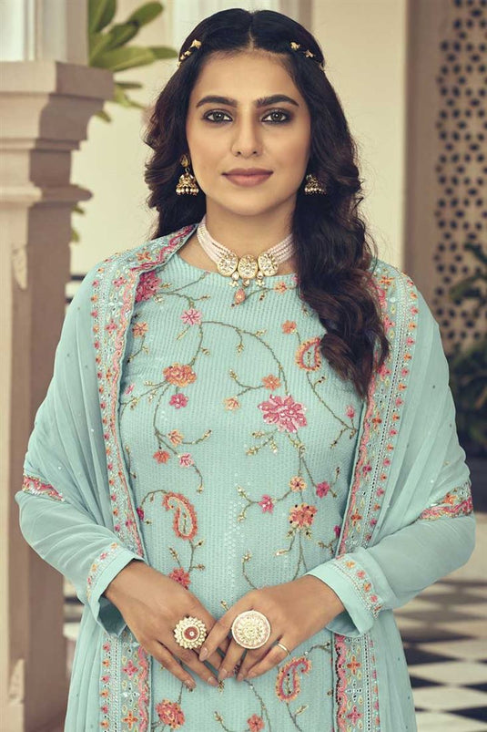 Light Cyan Color Embroidered Trendy Salwar Suit In Georgette Fabric