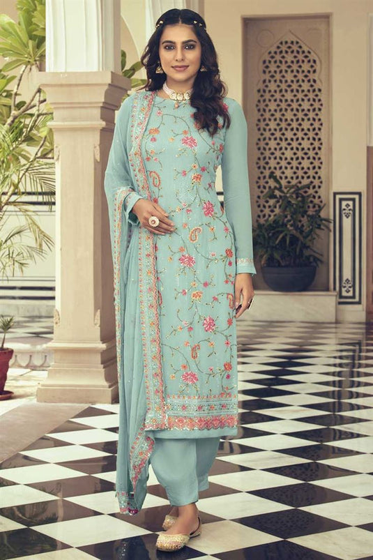 Light Cyan Color Embroidered Trendy Salwar Suit In Georgette Fabric