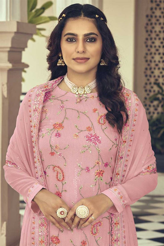 Pink Color Georgette Fabric Elegant Embroidered Salwar Suit