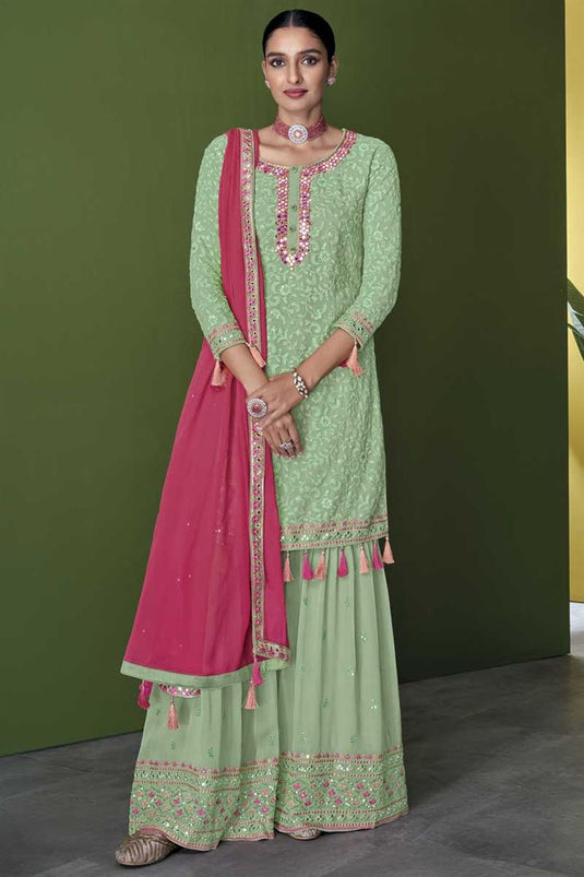 Function Wear Georgette Fabric Sea Green Color Enticing Palazzo Suit