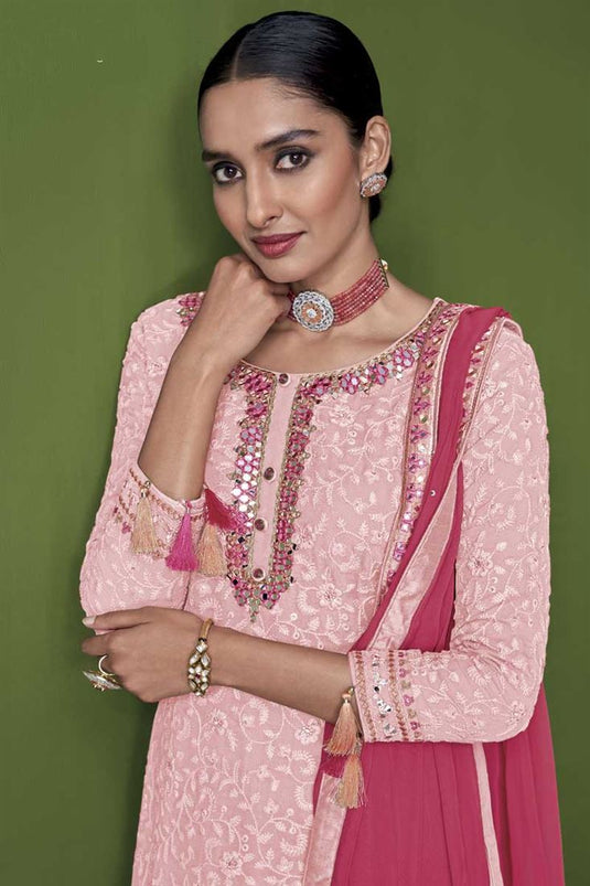 Georgette Fabric Function Wear Pink Color Delicate Palazzo Suit