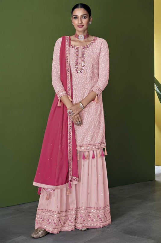 Georgette Fabric Function Wear Pink Color Delicate Palazzo Suit