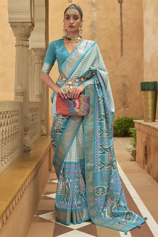 Aristocratic Cyan Color Art Silk Fabric Printed Saree