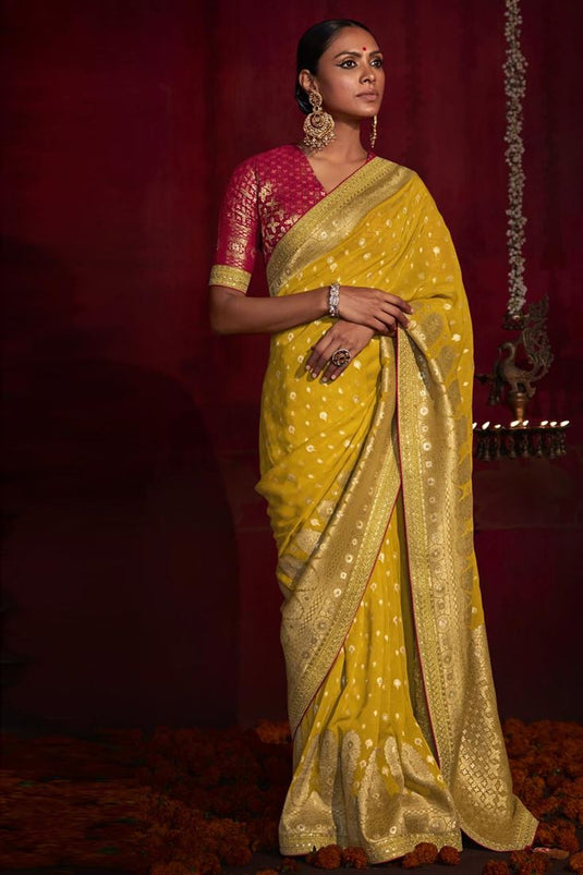 Classic Art Silk Fabric Mustard Color Weaving Work Saree