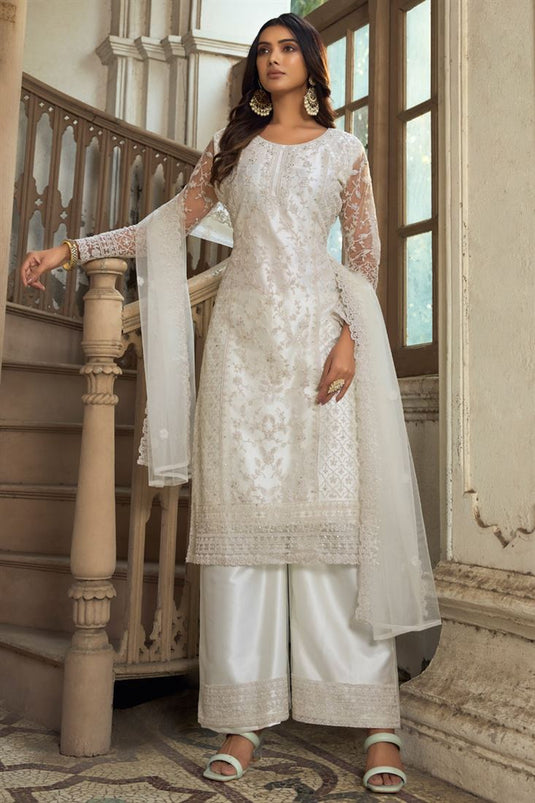 White Color Net Fabric Adorming Party Look Palazzo Suit