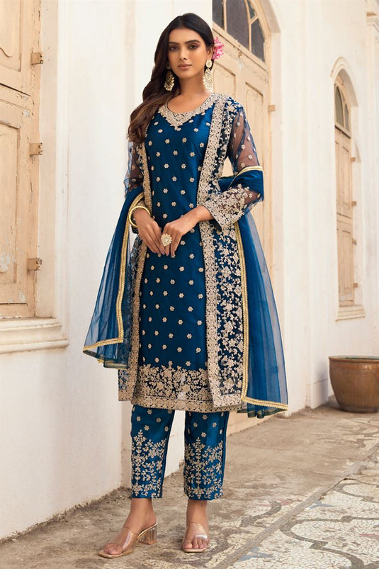 Blue Color Net Fabric Party Look Tempting Salwar Suit