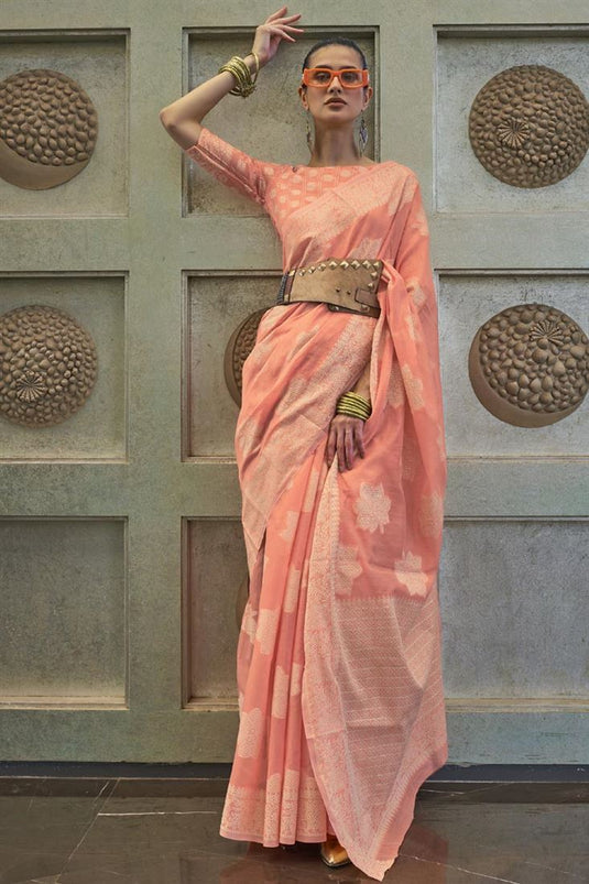 Peach Color Lucknowi Silk Function Wear Chickankari Saree