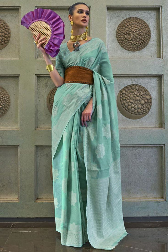 Sea Green Color Lucknowi Silk Lovely Chickankari Saree