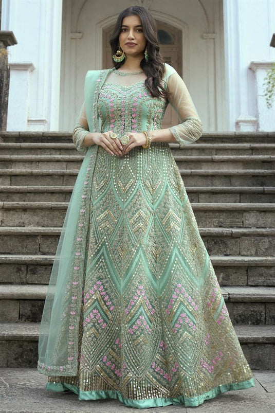 Dazzling Net Fabric Sea Green Color Function Style Anarklai Suit