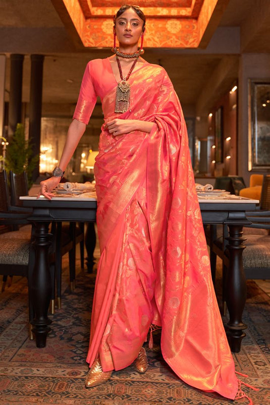 Art Silk Fabric Party Style Superior Saree In Peach Color