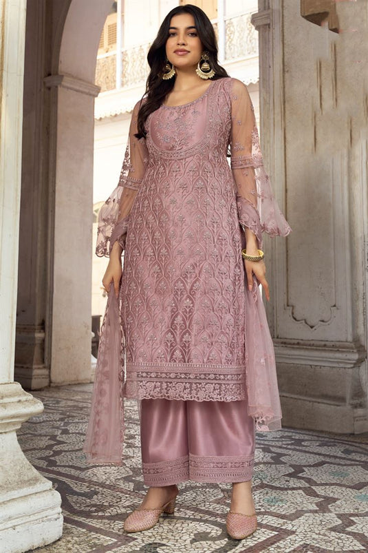 Pink Color Net Fabric Function Style Tempting Palazzo Suit