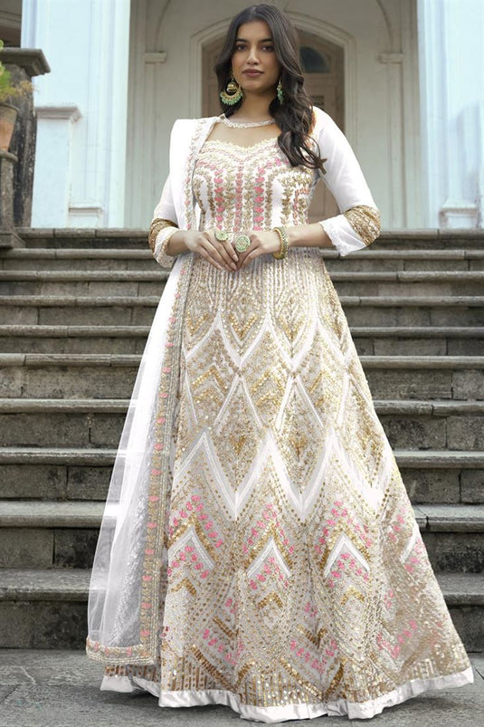 Engaging Off White Color Embroidered Net Anarkali Suit