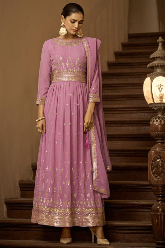 Stunning Pink Color Sequins Work Georgette Anarkali Suit