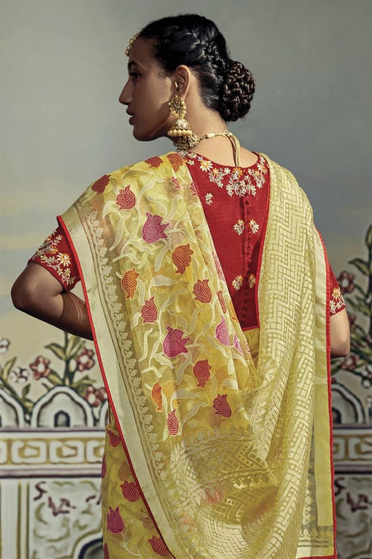 Yellow Organza Saree With Embroidery Work Blouse