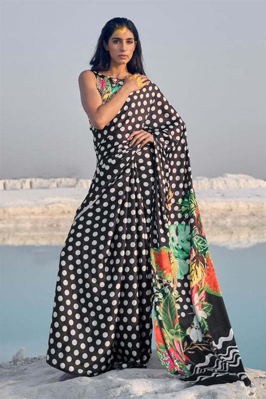 Black Color Polka dot Pure Satin Crepe Saree