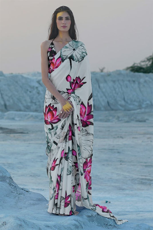 White Color Flower Design Satin Crepe Saree And Digital Printed Blouse