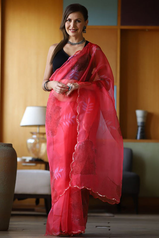 Organza Digital Printed Saree In Red Color