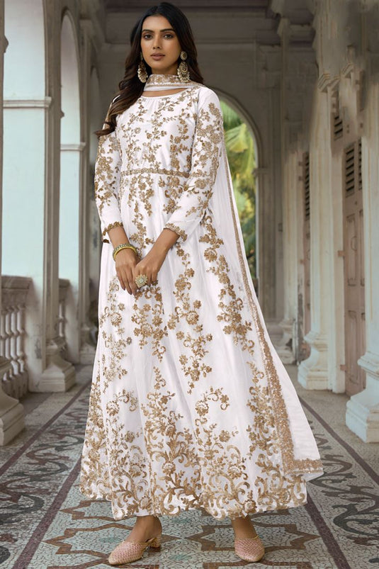 White Embroidered Abaya Style Anarkali Suit