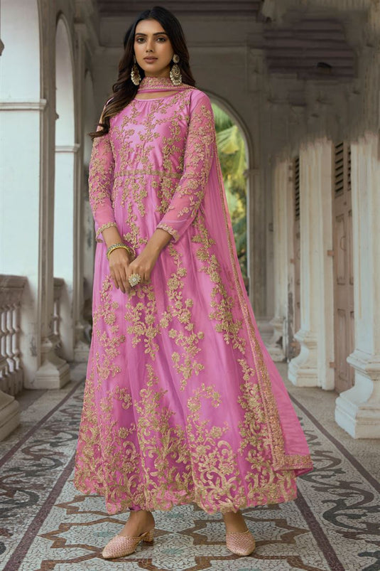 Pink Embroidered Anarkali Suit In Net Fabric