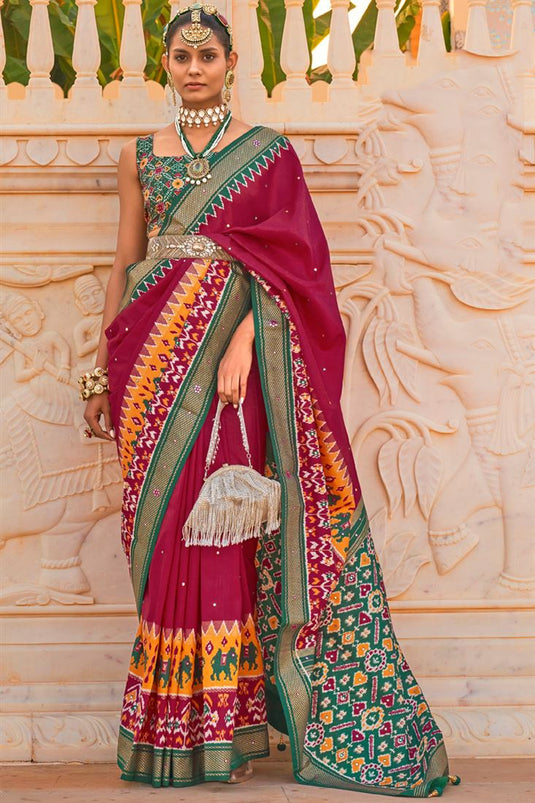 Patola Embroidered Printed Cotton Silk Maroon Saree