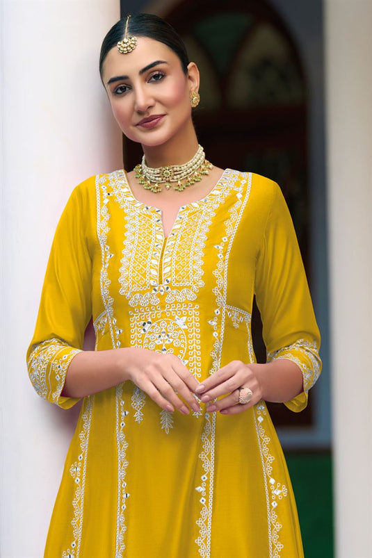 Art Silk Yellow Embroidered Function Wear Salwar Suit