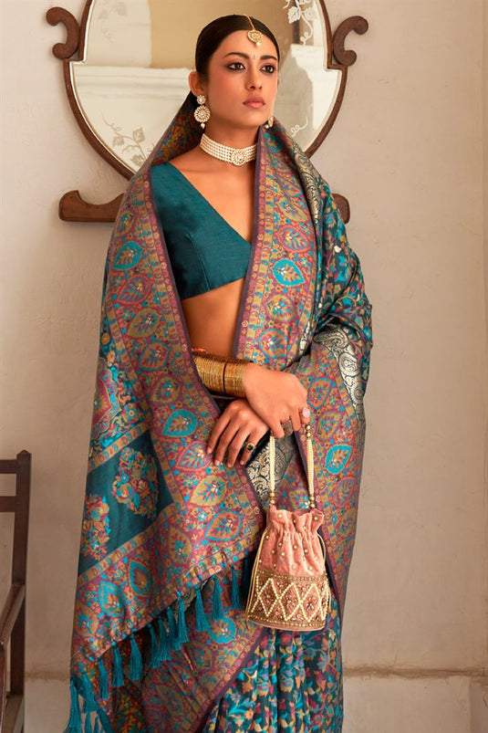 Teal Woven Banarasi Kashmiri Pashmina Saree