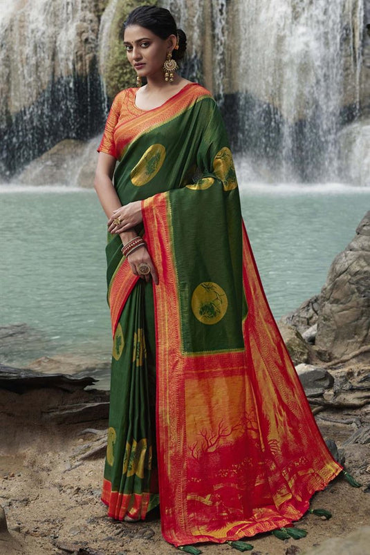 Dark Green Kanjivaram Silk Trendy Saree