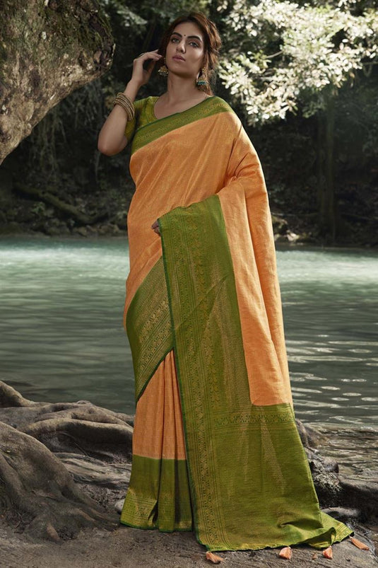 Weaving Work Contemporary Kanjiveram Silk Peach Saree