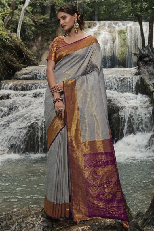 Grey Kanjivaram Silk Function Saree