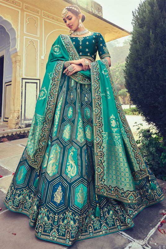 Morpeach Teal Color Silk Designer Lehenga Choli