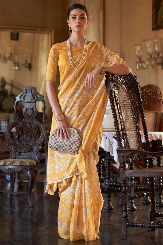 Printed Cotton Mustard Saree