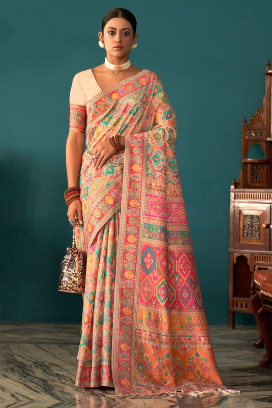 Function Look Beatific Pashmina Saree In Peach Color