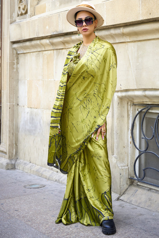 Green Color Patterned Satin Casual Saree With Printed Work