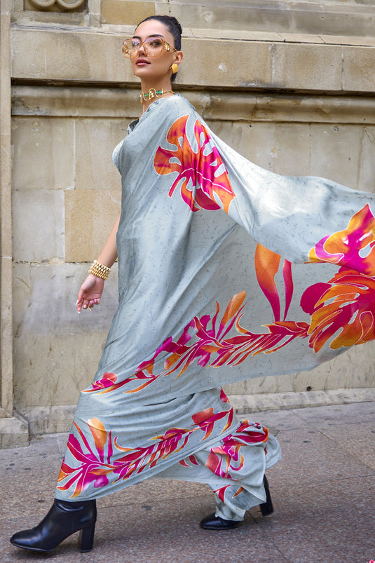 Beguiling Printed Work On Grey Color Satin Casual Saree