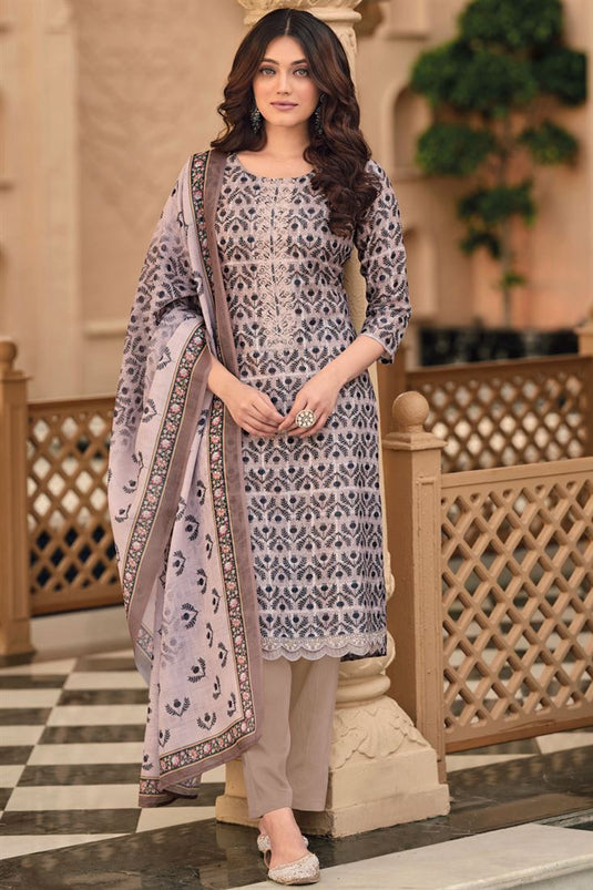 Beige Color Attractive Casual Linen Fabric Salwar Suit With Printed Work