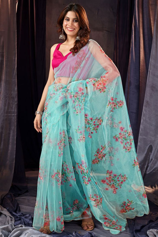 Beatific Digital Printed Work Organza Saree In Light Cyan Color