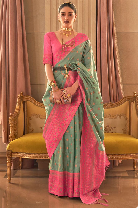 Creative Sea Green Color Silk Fabric Weaving Designs Saree