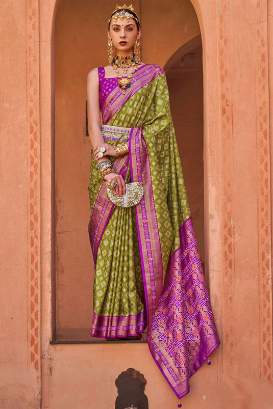 Olive Color Splendid Art Silk Fabric Casual Patola Saree