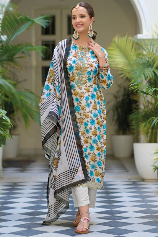 White Color Printed Winsome Linen Fabric Readymade Salwar Suit