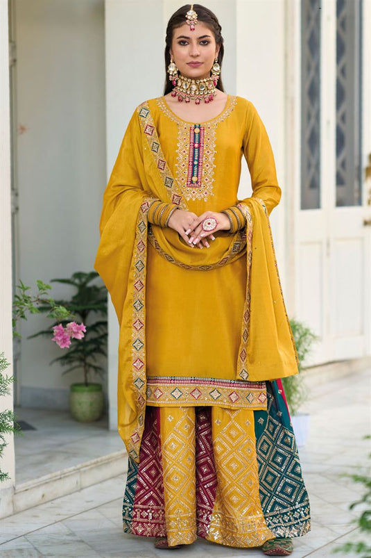 Chinon Fabric Embroidered Brilliant Palazzo Suit In Mustard Color