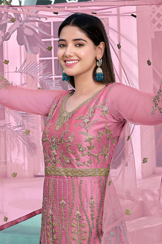 Mesmeric Pink Color Embroidered On Net Anarkali Suit