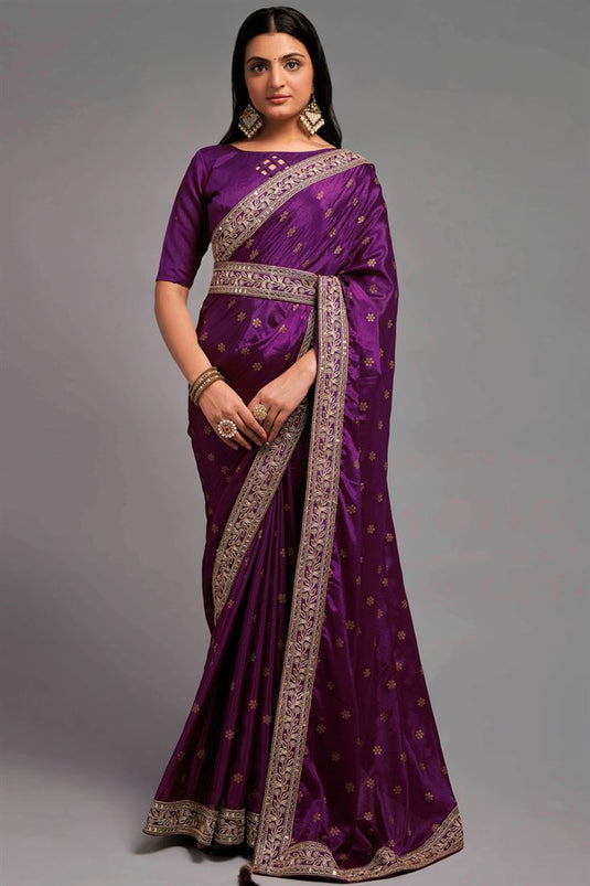 Festival Purple Chinon Saree with Exquisite Border Work