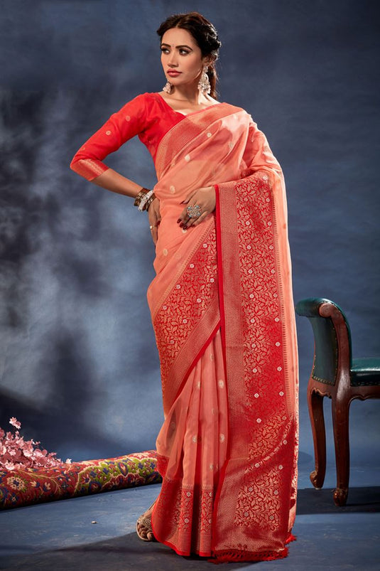 Buy Traditional Weaving Work Peach Color Banarasi Organza Silk